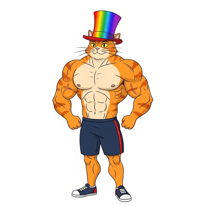 Tall & Buff Orange Cat in Rainbow Top Hat