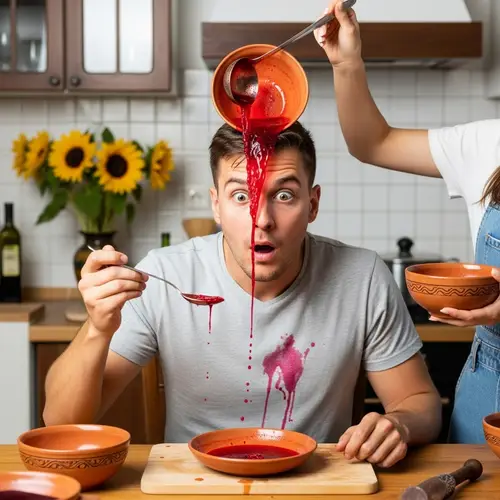 Surprising Borscht Mishap: Man with Soup on Head
