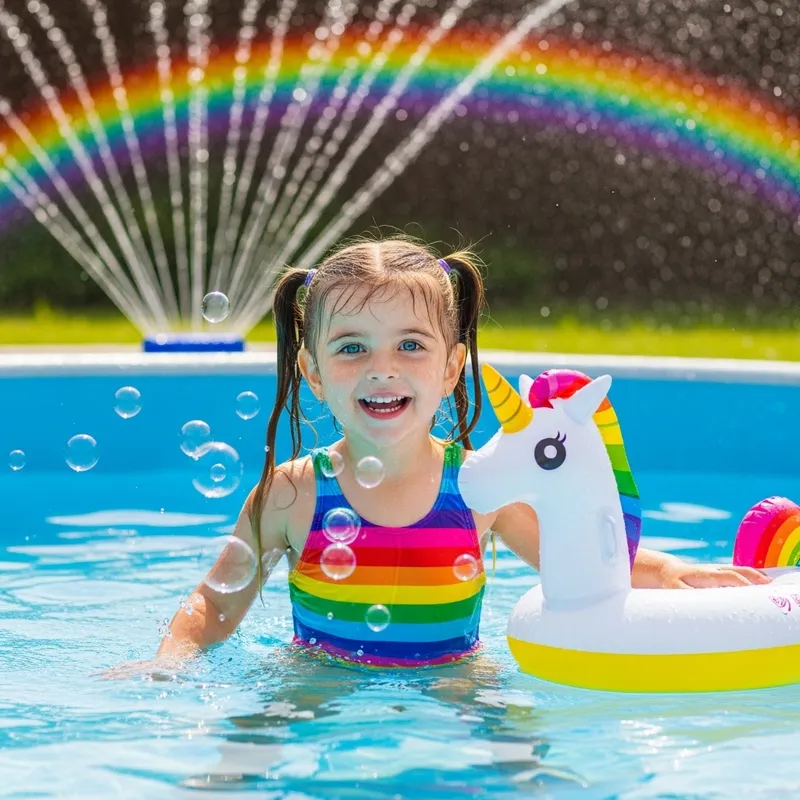 Playful Kid Splashing in Garden Pool - Fun and Colorful Scene