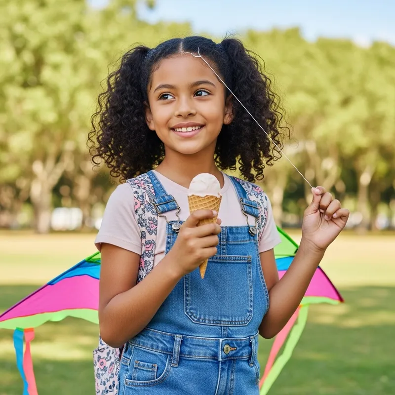 Joyful Latina Girl with Ice Cream Cone in Park