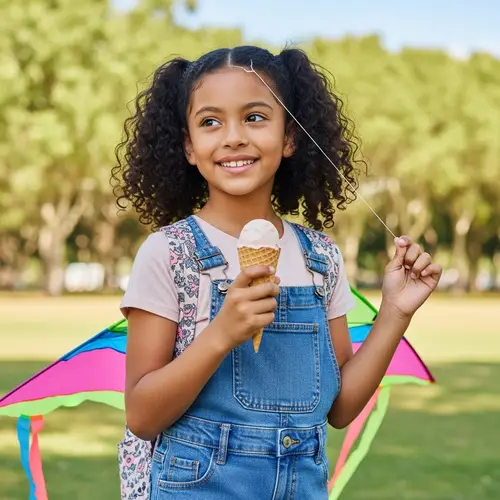 Joyful Latina Girl with Ice Cream Cone and Kite in Park