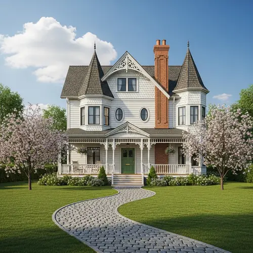Picturesque Victorian House with Green Door | Cozy Porch & Chimney