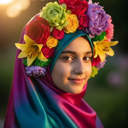 Muslim Girl with Headscarf and Flower | Elegant Middle-Eastern Descent