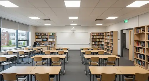 Modern School Classroom Scene with Whiteboard and Bookshelves
