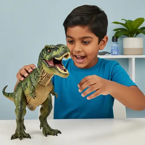 South Asian Boy Playing with Realistic Dinosaur Toy