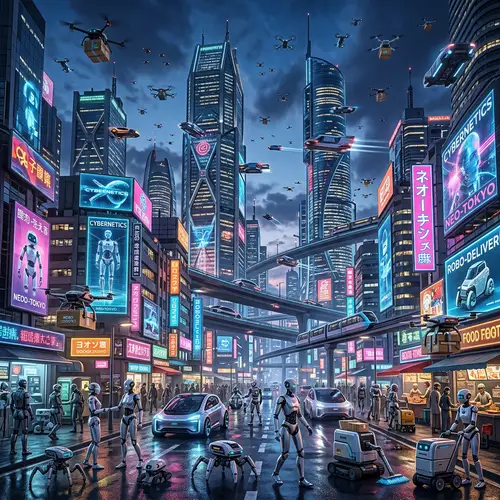 Futuristic Cityscape with Robots: Urban Future Spectacle