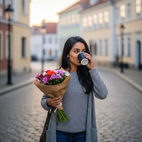 Serenity at Dawn: South Asian Girl with Flowers and Coffee