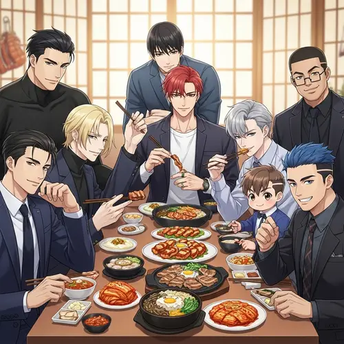 Stylish Male Figures Enjoying Korean Feast | Diverse Group Dining Scene