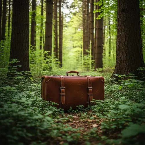 Weathered Brown Leather Suitcase in Lush Forest Setting