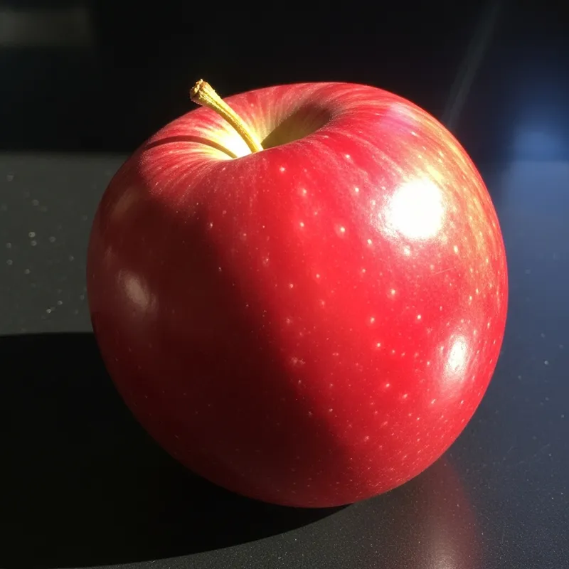 Una Manzana: Glossy Red Apple on Black Surface