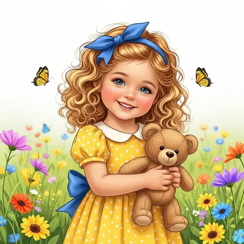 Charming Little Girl with Golden Curly Hair | Springtime Scene