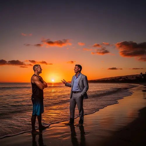 Sunset Beach Conversation: Athletic vs Businessman