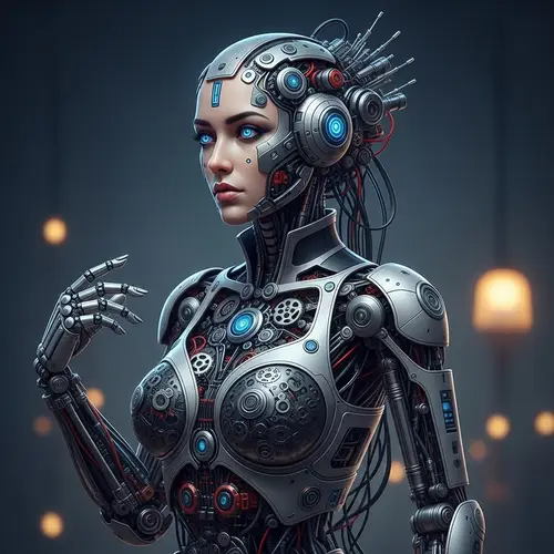 Precision Realism 8K Art: Cyborg Woman in Robotic Outfit