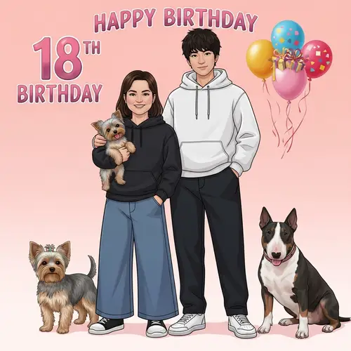 Vibrant 18th Birthday Celebration Poster with Diverse Characters and Pets