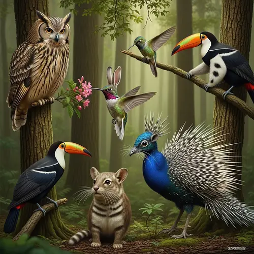 Avian-Mammal Hybrids in Surreal Forest Scene
