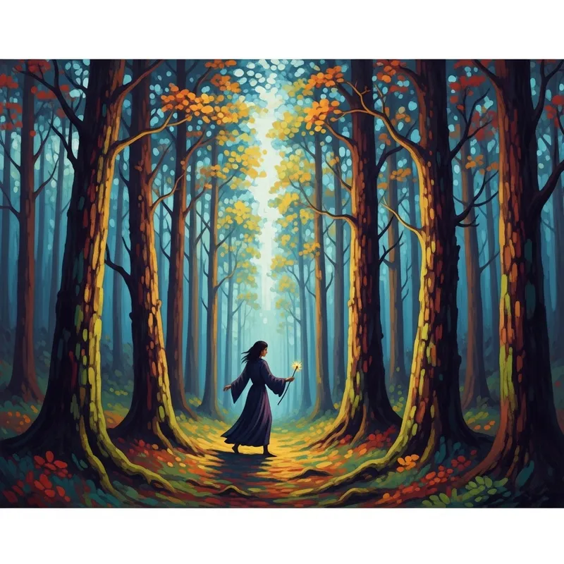 Mysterious Figure in Vibrant Forest - Enchanting Fantasy Forestscape