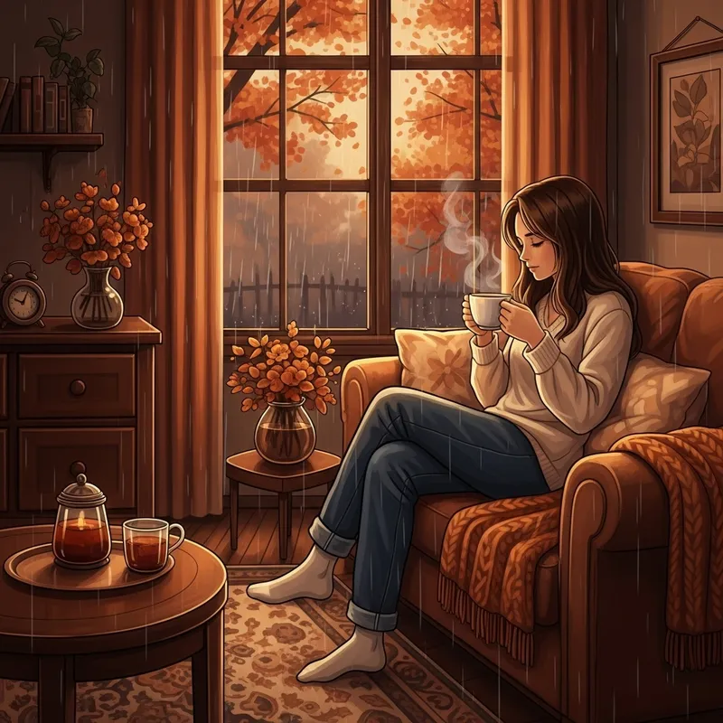 Cozy Autumn Living Room Scene in Digital Art