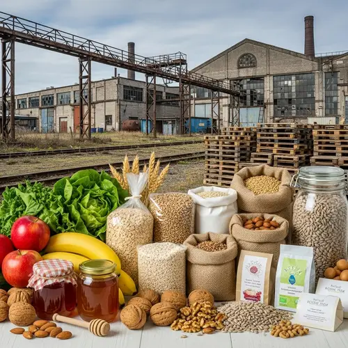 Organic Products Amid Industrial Setting - Fresh Fruits, Vegetables, Nuts, Seeds
