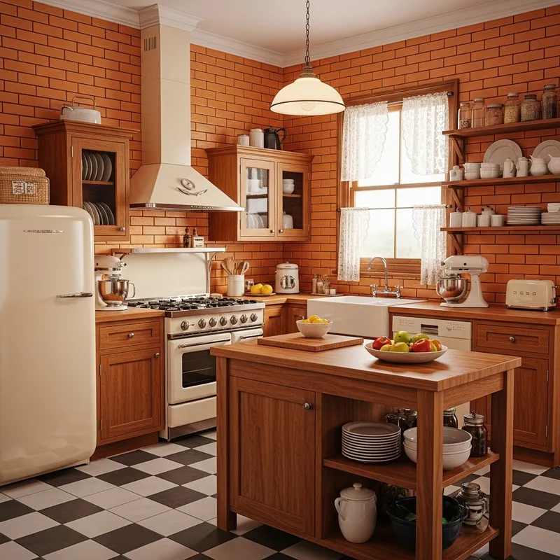 Vintage-Style Kitchen with Orange Bricks and Classic Furniture
