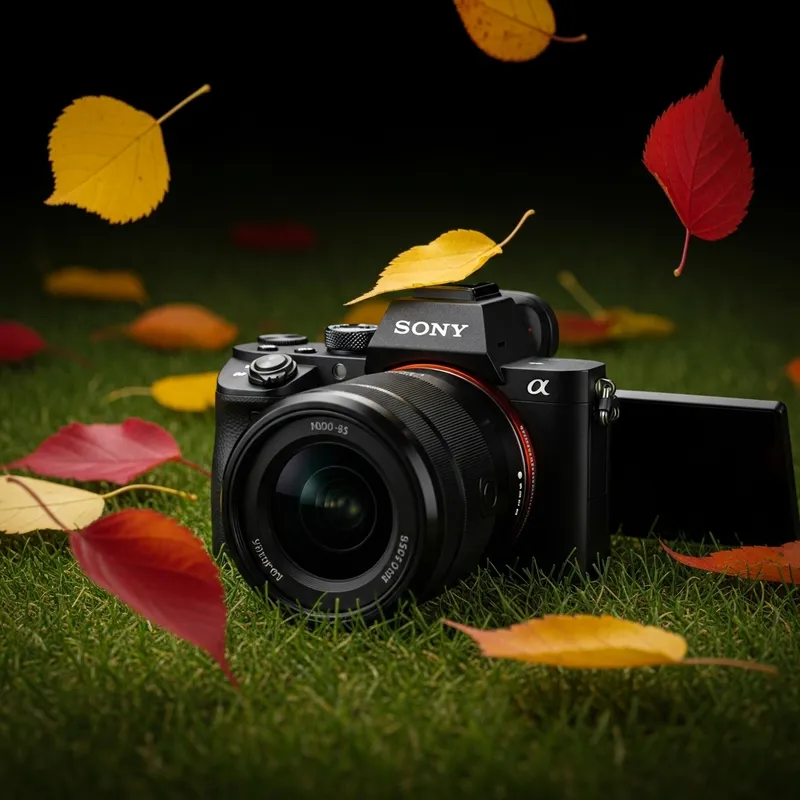 Sony A6300 Camera on Grassy Ground with Falling Autumn Leaves Sony A6300 Camera on Grassy Ground with Falling Autumn Leaves