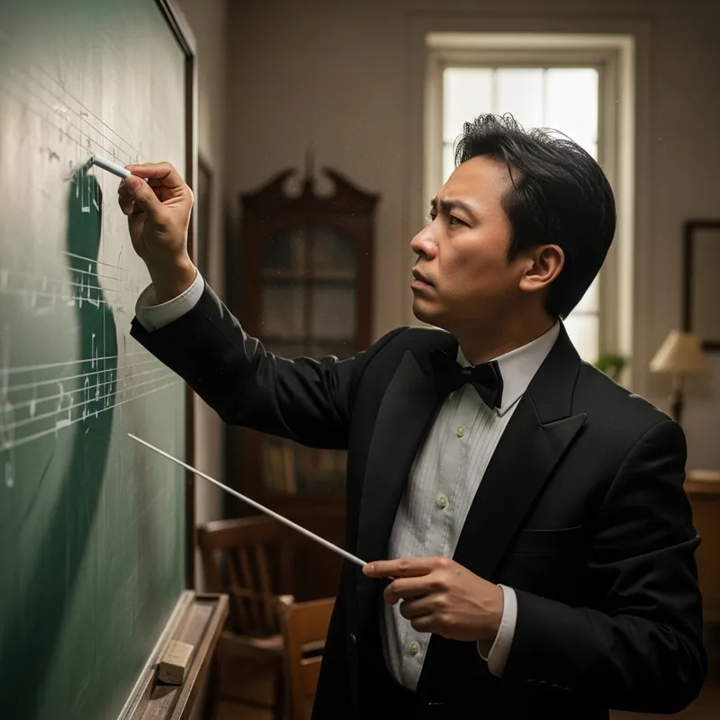 Asian Maestro Composing Music at Chalkboard
