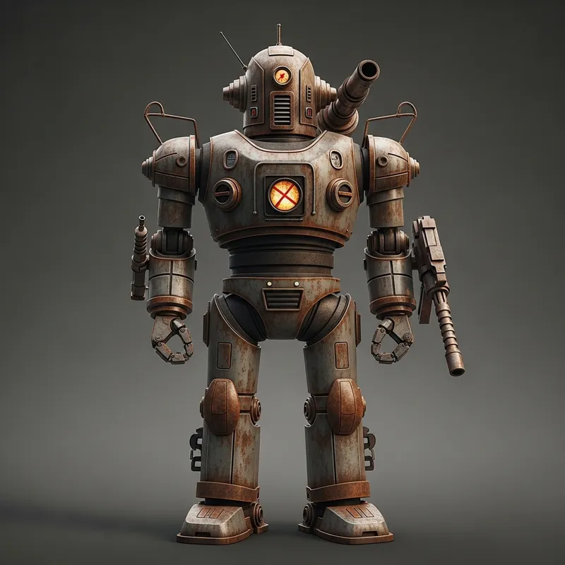 Retro Rusty Robot with Height and Vintage Weapons