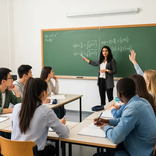 Diverse Classroom Group Discussion with Teacher Pointing at Equation