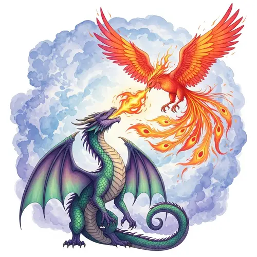 Majestic Purple Dragon Breathing Fire in Watercolor