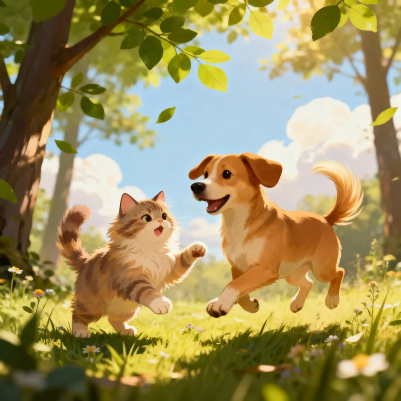 Cute Cat and Dog Playing in the Forest