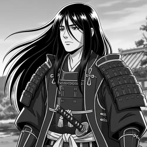 Youthful Male Samurai with Long Hair in Anime Style