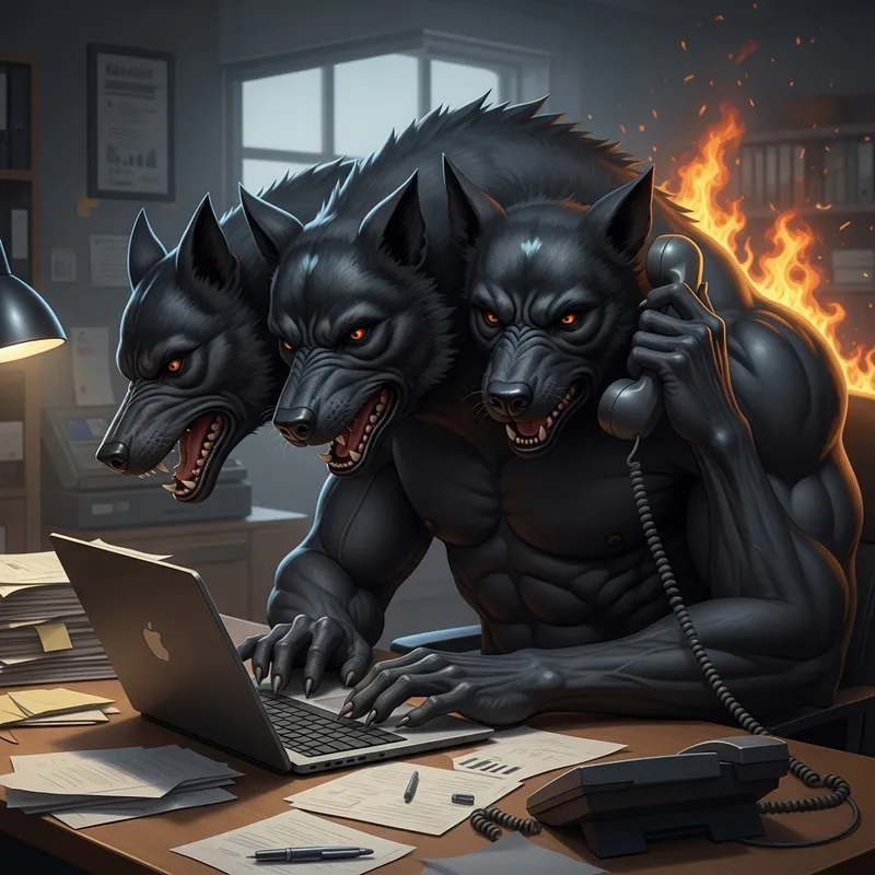 Angry Cerberus in Black Work - Myth Meets Office Life Angry Cerberus in Black Work - Myth Meets Office Life