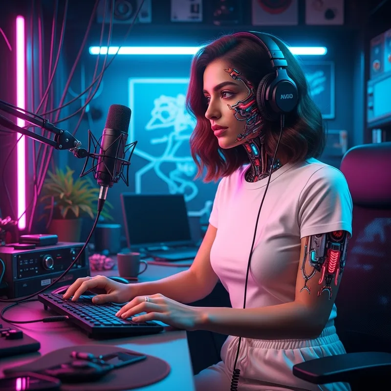 Futuristic Middle Eastern Woman with Cybernetic Half-Robot Face Podcasting