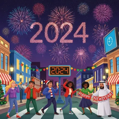 New Year 2024 Festive Fireworks Celebration with People of Various Descents