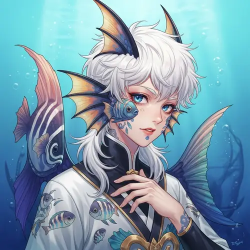 Anime Boy with Vibrant White Hair and Fish Fin-Shaped Ears | Digital Art