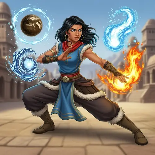 Young South Asian Martial Artist Avatar Korra in Earth-based Fantasy Universe