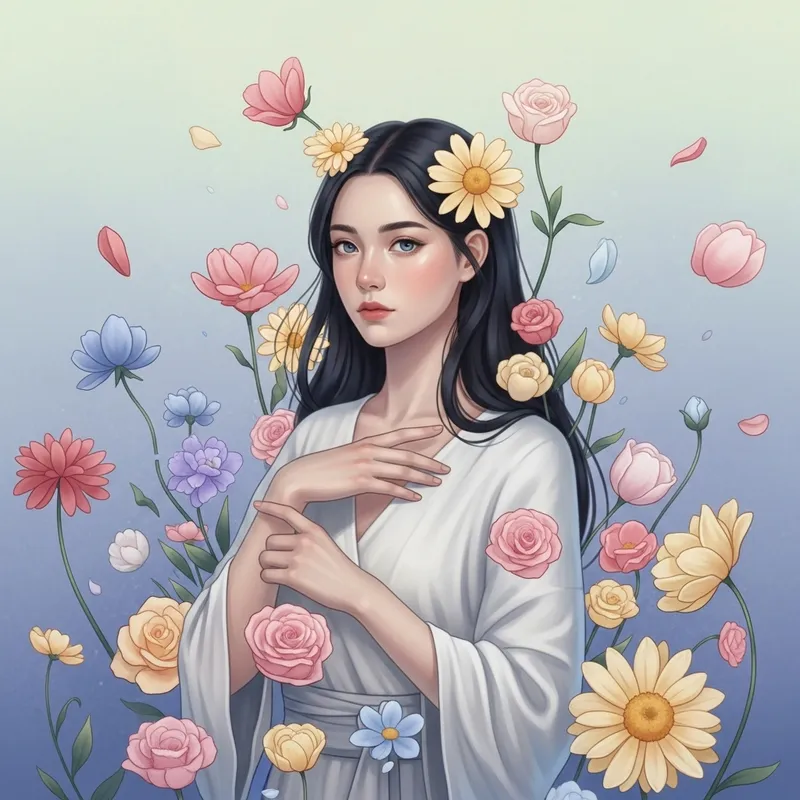 Dreamlike Portrait of a Woman Amid Ethereal Flowers and Pastel Delights