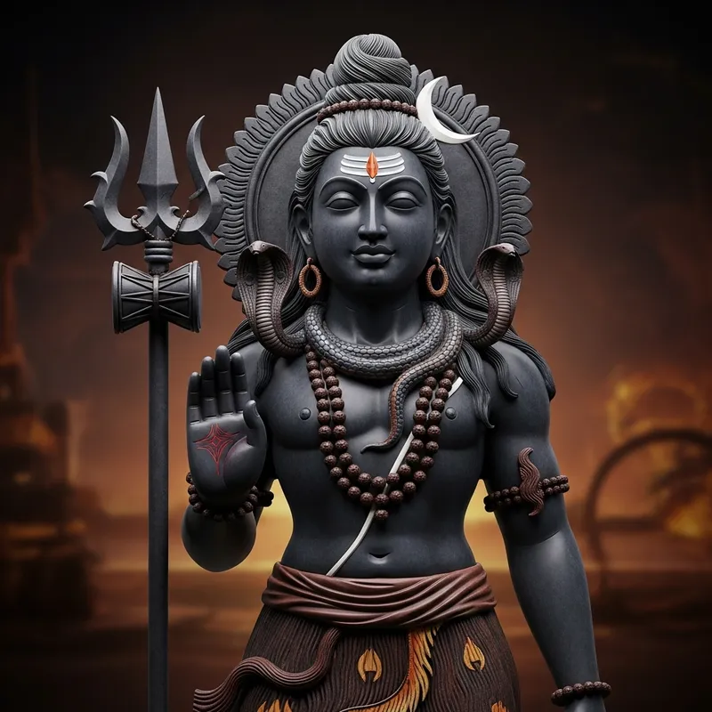 Intricately Carved Mahadev Statue with Trident and Traditional Accessories
