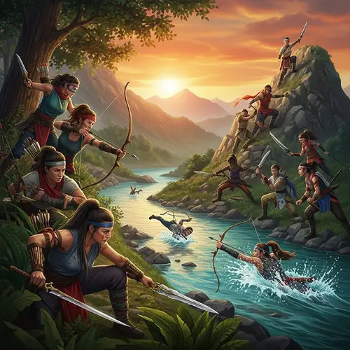 Diverse Landscape Battle Royale: Athletes Clashing at Sunset