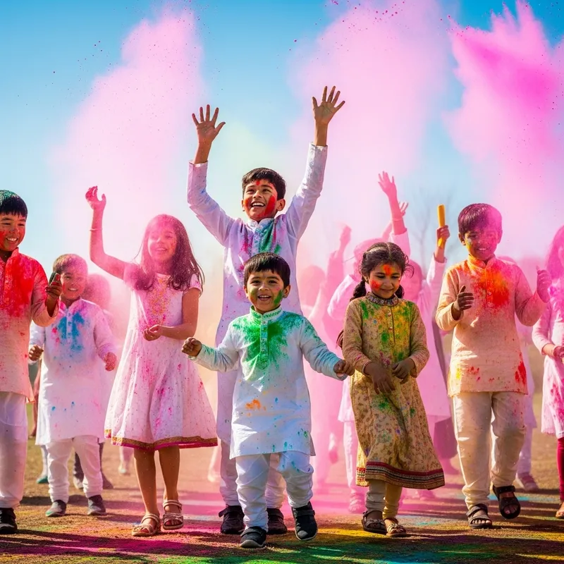 Joyful Dancing Kids at Holi Festival Celebration