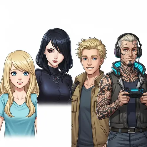 Blonde Girl, Black Hair Girl, Blonde Guy, Tattoo Gamer Cyber Punk