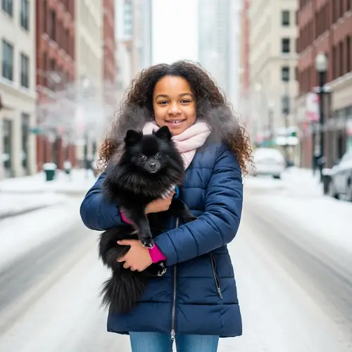 African American Girl with Pomeranian Dog in Winter Chicago