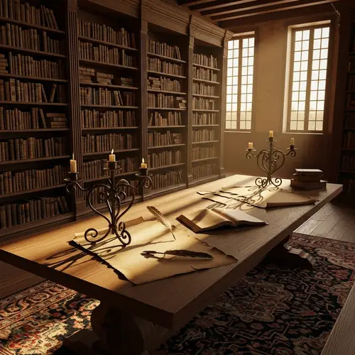 Vintage Library Scene | Old Books, Oak Table, Quill Pen