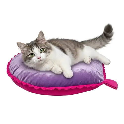 Fluffy Grey and White Cat on Cozy Heart Pillow