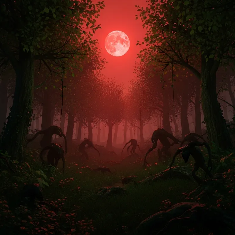 Enchanted Forest under Blood-Red Moon | Surreal Creatures