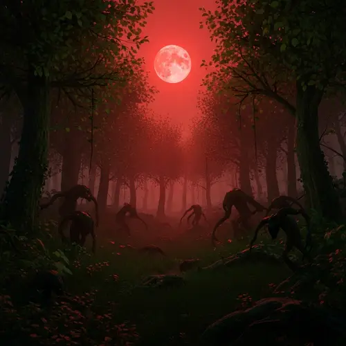 Mysterious Forest under Blood-Red Moon | Surreal Creatures