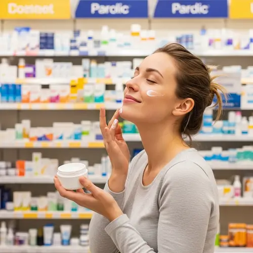 Caucasian Woman Applying Face Cream in Pharmacy Setting