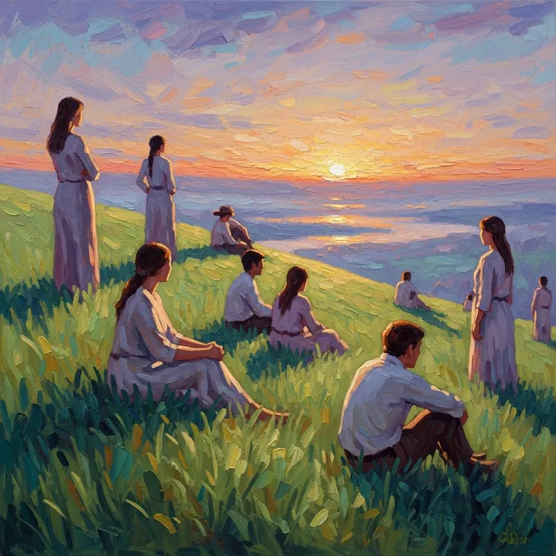Impressionistic Diverse Figures in Dreamlike Sunset Landscape Impressionistic Diverse Figures in Dreamlike Sunset Landscape