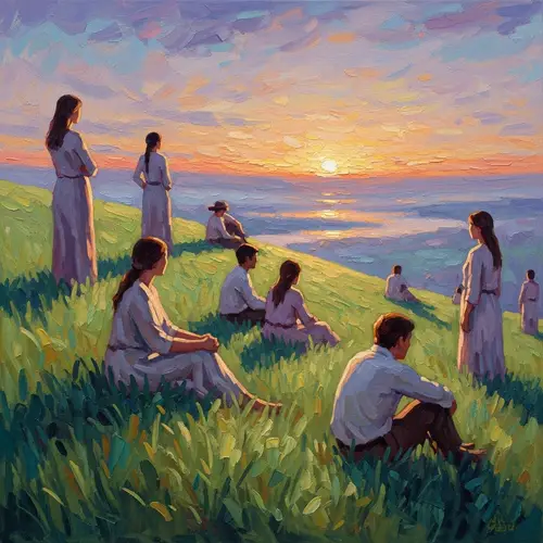 Impressionistic Oil Painting of Diverse Figures in Dreamlike Sunset Landscape