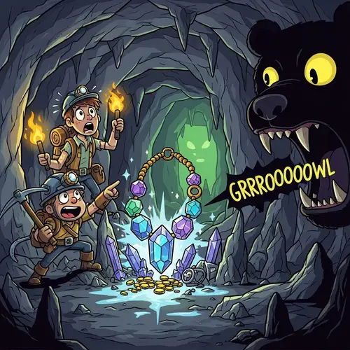 Cartoon Illustration: Discovering Shimmering Necklace in Cavern