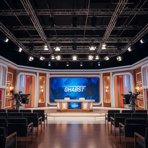 Modern TV Show Studio Environment with Large HD Screen